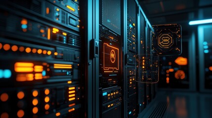 Obraz premium Futuristic data center with glowing server panels and cables illuminated in blue and orange.