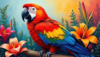 Obraz premium Vibrant Scarlet Macaw Parrot Perched on Branch Amidst Lush Tropical Lilies and Foliage