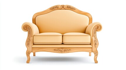Beige Two Seater Sofa with Ornate Wood Carving