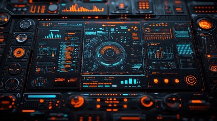 Obraz premium Futuristic interface with glowing elements and data visualizations, perfect for tech projects.