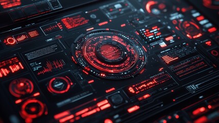 Futuristic interface with glowing red elements and complex data displays.