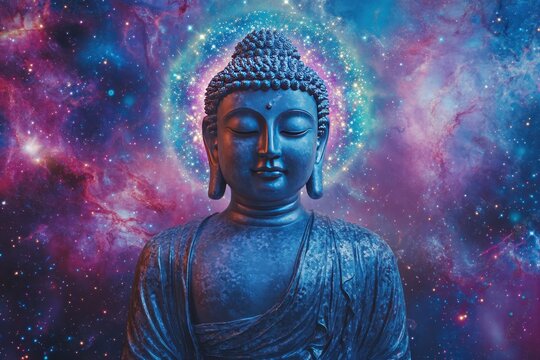 A blue Buddha statue is surrounded by a colorful galaxy