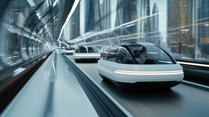 Obraz premium Futuristic self-driving cars navigate an ultra-modern urban environment.