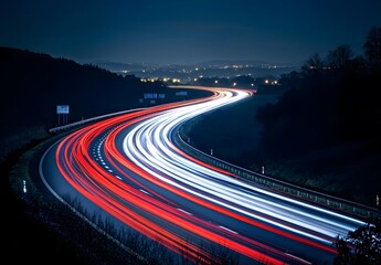 Long exposure light trails on a highway at night, dynamic motion photography