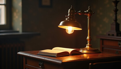 Vintage Reading Lamp with Open Book on Dark Wooden Desk