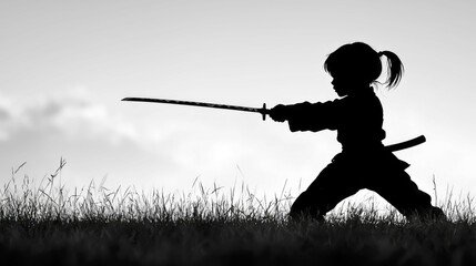Little Samurai: A Black and White Silhouette of a Child Practicing Swordsmanship
