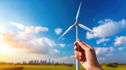 Hand holding a small wind turbine against a bright sky and city backdrop during sunset.