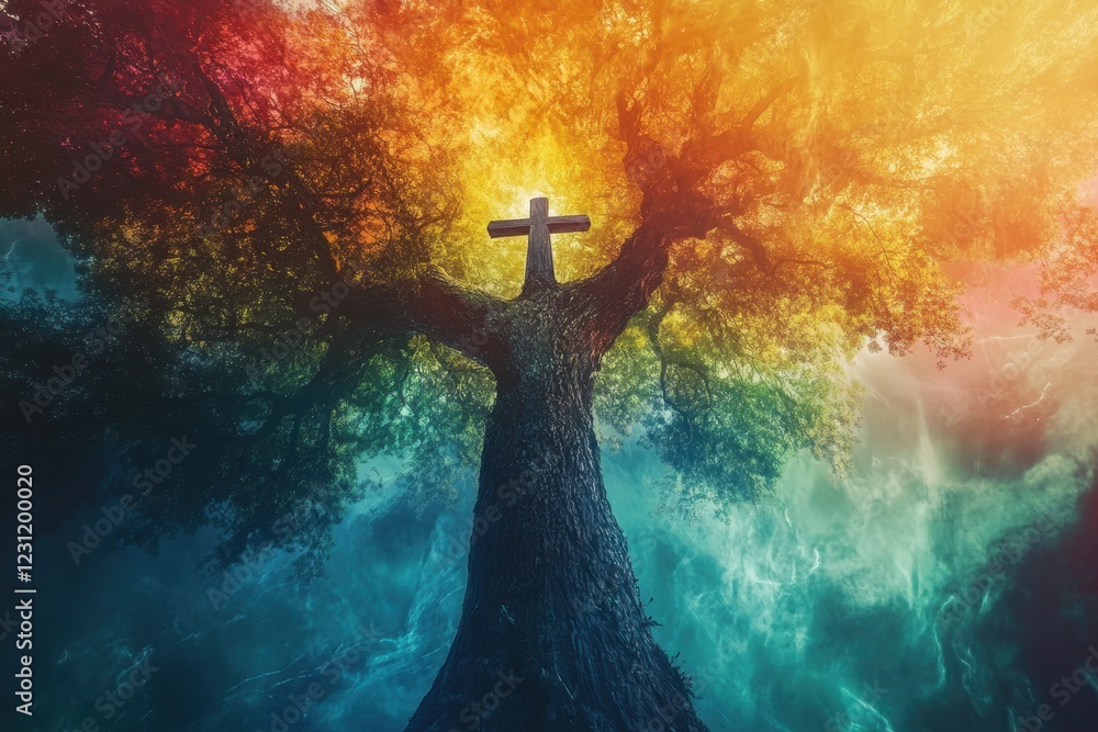 Poster a tree with a cross on it is surrounded by a colorful sky