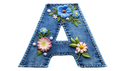 denim letter A with gentle flowers on with white background PNG