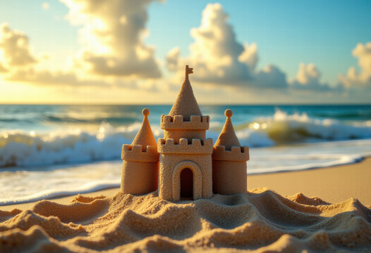 Majestic Sandcastle on Tropical Beach at Sunset