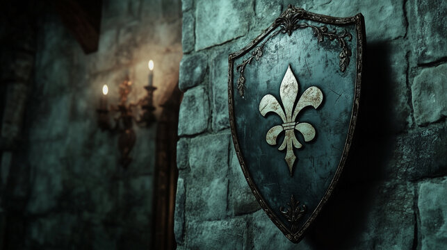 Fleur-de-Lis symbol  in heraldry on a decorative shield mounted on a stone wall with candlelight