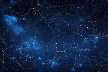 Map of the sky displaying star constellations, with a gradient blue background