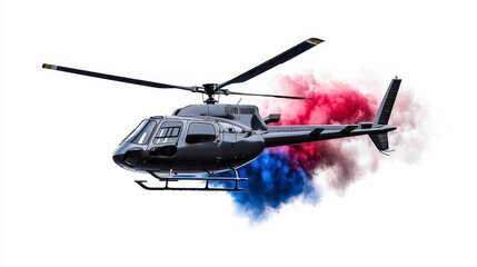 Gray Helicopter Flying Through Red And Blue Smoke Against White Background