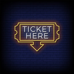 Fototapeta premium ticket here neon sign with brick wall background vector