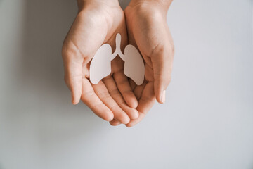 hands holding paper lung, world tuberculosis tb day, world no tobacco day, lung cancer,COPD, eco air pollution, organ donation concept.