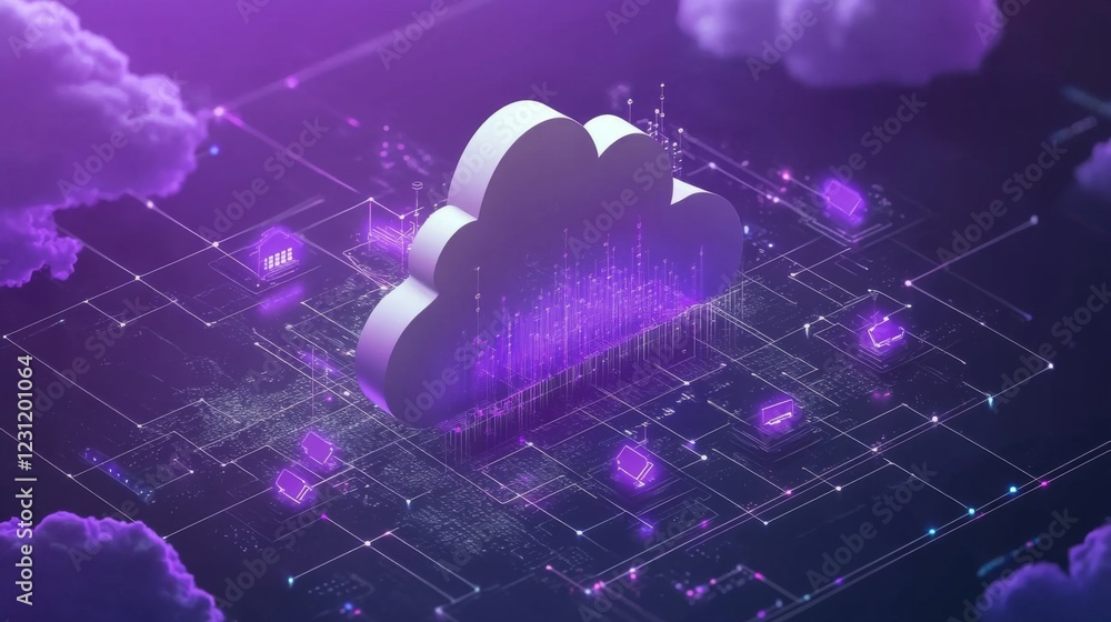 Poster isometric cloud computing network: purple glowing digital data server