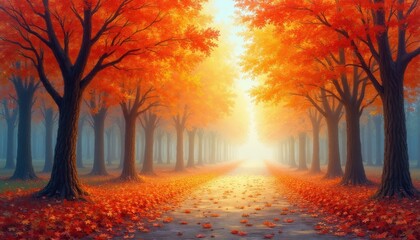 Majestic Autumn Pathway Sunlit Road Through Vibrant Red and Orange Maple Trees