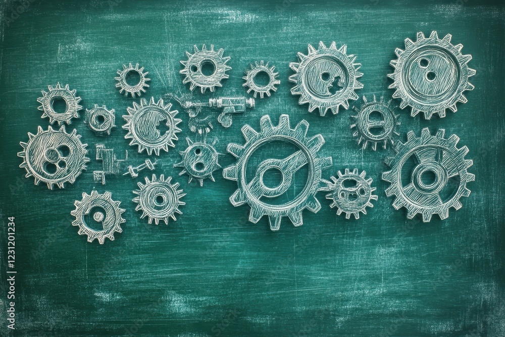 Poster interlocking gears on a teal background represent teamwork