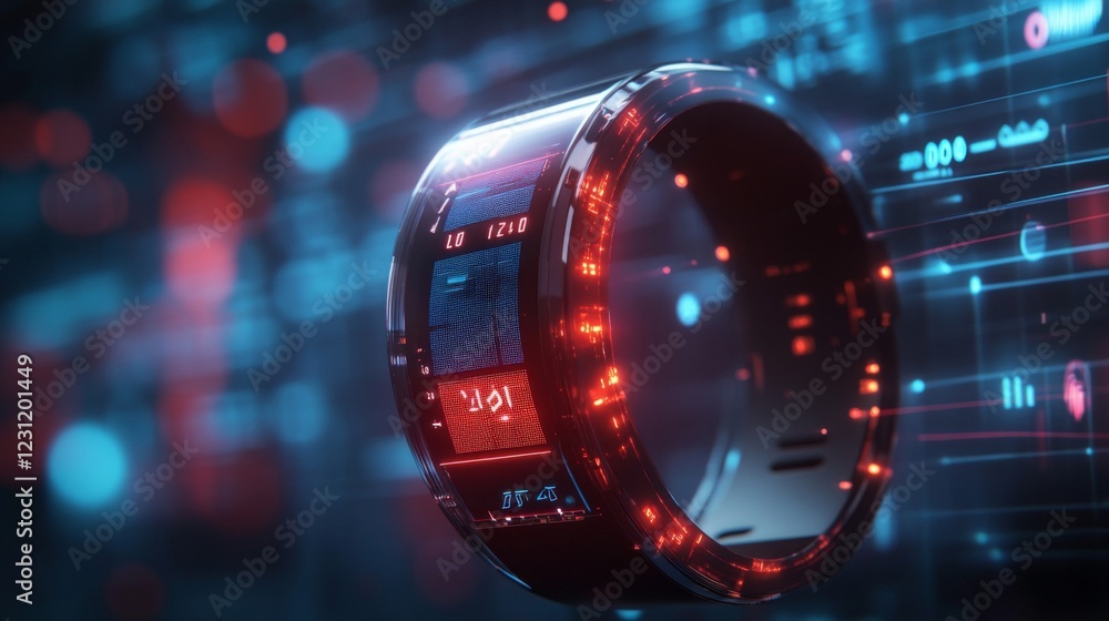 Poster futuristic smart ring with red digital display and abstract background