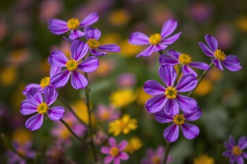 Vibrant purple and yellow wildflowers blooming in a serene natural setting