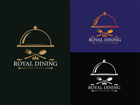Restaurant Logo Design Variations: A set of four sophisticated restaurant logo variations featuring a silver cloche, crossed cutlery, and the text "Royal Dining.