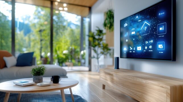 Modern living room with smart TV and a view of nature through large windows.