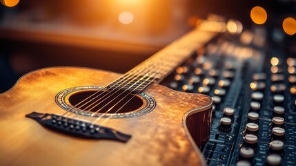 Naklejka premium Close Up of Acoustic Guitar on Mixing Console in Warm Lighting