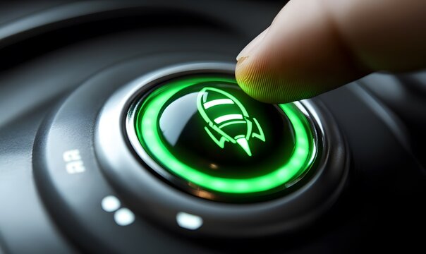 Finger pressing a glowing digital rocket launch button symbolizing startup and innovation
