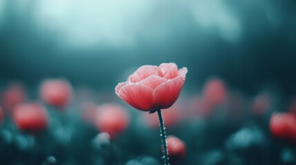 Fototapeta premium Serene Poppy Field: A Single Bloom in a Teal Dream