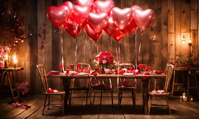 Romantic evening still life with balloons in the shape of pink hearts. Valentine's Day