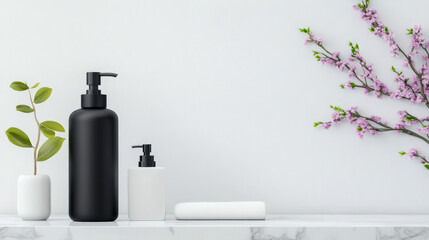 Spa-like bathroom setting with sleek black and white pump bottles, a small potted plant, and delicate pink flowers.