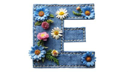 denim letter E with gentle flowers on with white background PNG