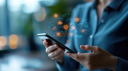 Person using smartphone with digital icons representing connectivity and information.