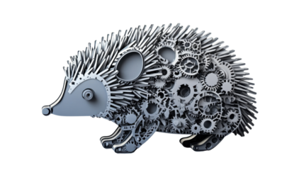 Mechanical hedgehog walking with transparent background: gears and cogs forming animal body