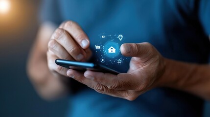 Person using smartphone with digital interface and smart home icons.