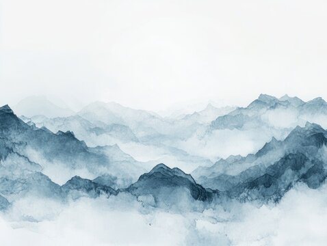 Watercolor mountains in blue and white hues create a serene landscape panorama