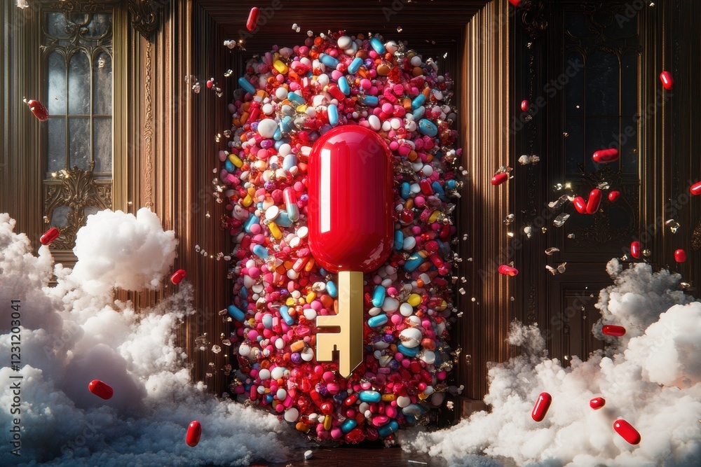 Poster a colorful display of pills and a red ice cream cone with a key on top