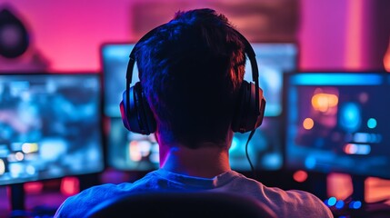 Gamer immersed in colorful tech experience