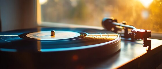 Obraz premium Vintage record player in warm sunlight glow.
