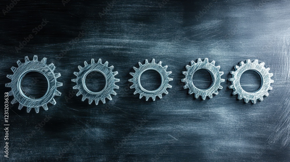 Poster five metallic gears arranged in a row on dark background