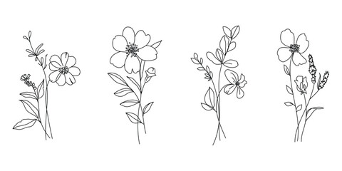 Set of hand drawn botanical flower bouquet vector. Collection black white contour drawing of foliage, wildflower, poppy, peony, eucalyptus. Illustration design for logo, wedding, invitation, decor.