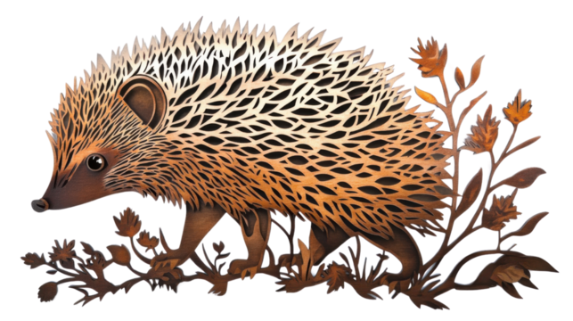 Hedgehog walking through foliage with transparent background