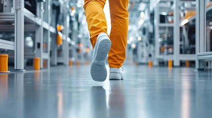 Obraz premium Worker walking through a modern industrial facility with a clean, organized environment.