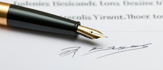 important documents professional signing concept. Fountain pen poised over a signature on paper, conveying professionalism and elegance.