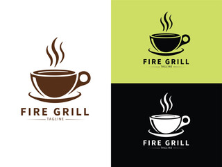 Fire Grill Coffee Logo: A visually striking and versatile coffee cup logo with a fire element, perfect for a café, coffee shop, or restaurant seeking a modern and bold brand image.