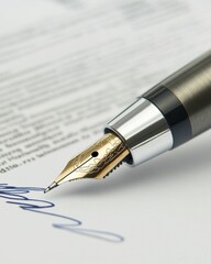 Fototapeta premium important documents professional signing concept. Fountain pen signing a document with blue ink on a white paper background.