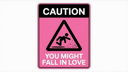 Obraz premium a pink signboard with a triangular warning symbol. Inside the triangle, there's a silhouette of a person seemingly falling or tripping created with generative ai