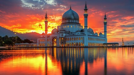 Fototapeta premium Majestic Mosque at Sunset: A Serene Reflection of Faith and Beauty