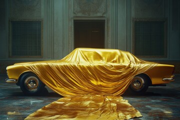 A gold car is wrapped in a gold cloth