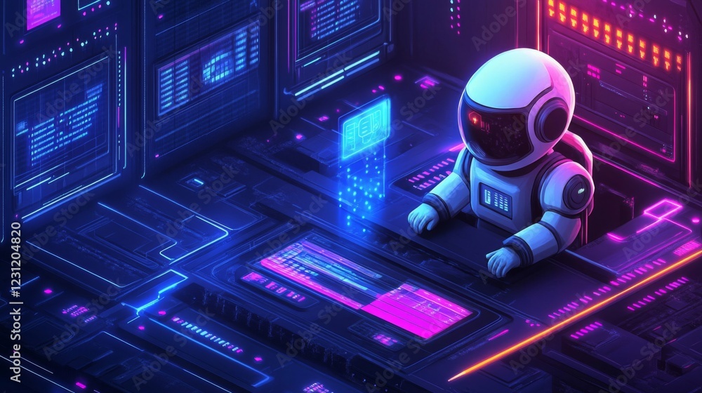 Poster pixel art robot astronaut coding in neon lit digital workspace